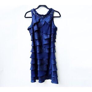 S L Fashions Sz 8 Womens Navy Sleeveless Beaded Round Neck Ruffle Dress